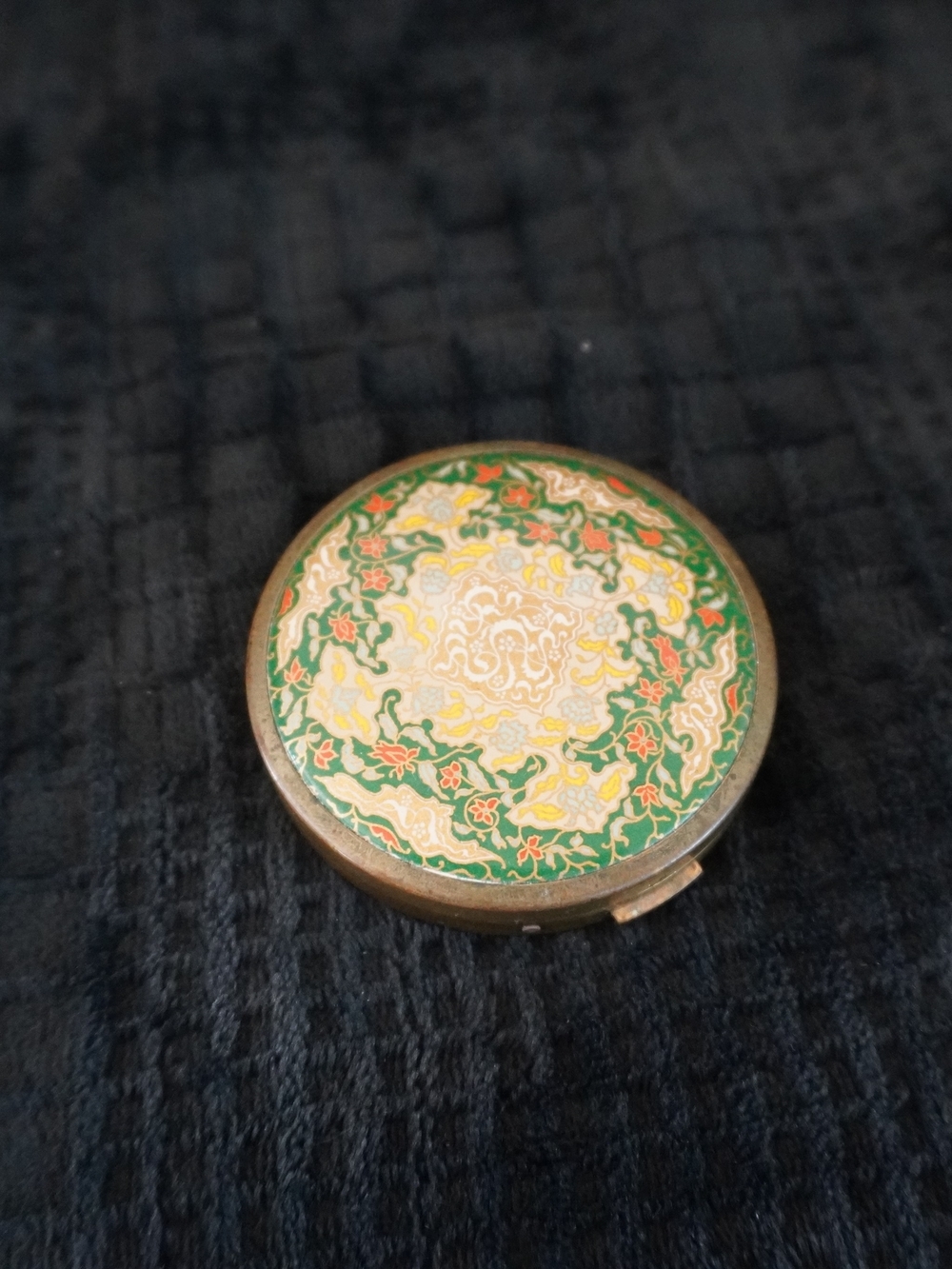 Vintage Coty "Airspun" Brass & Green Enamel Powder Compact with Mirror & Puff